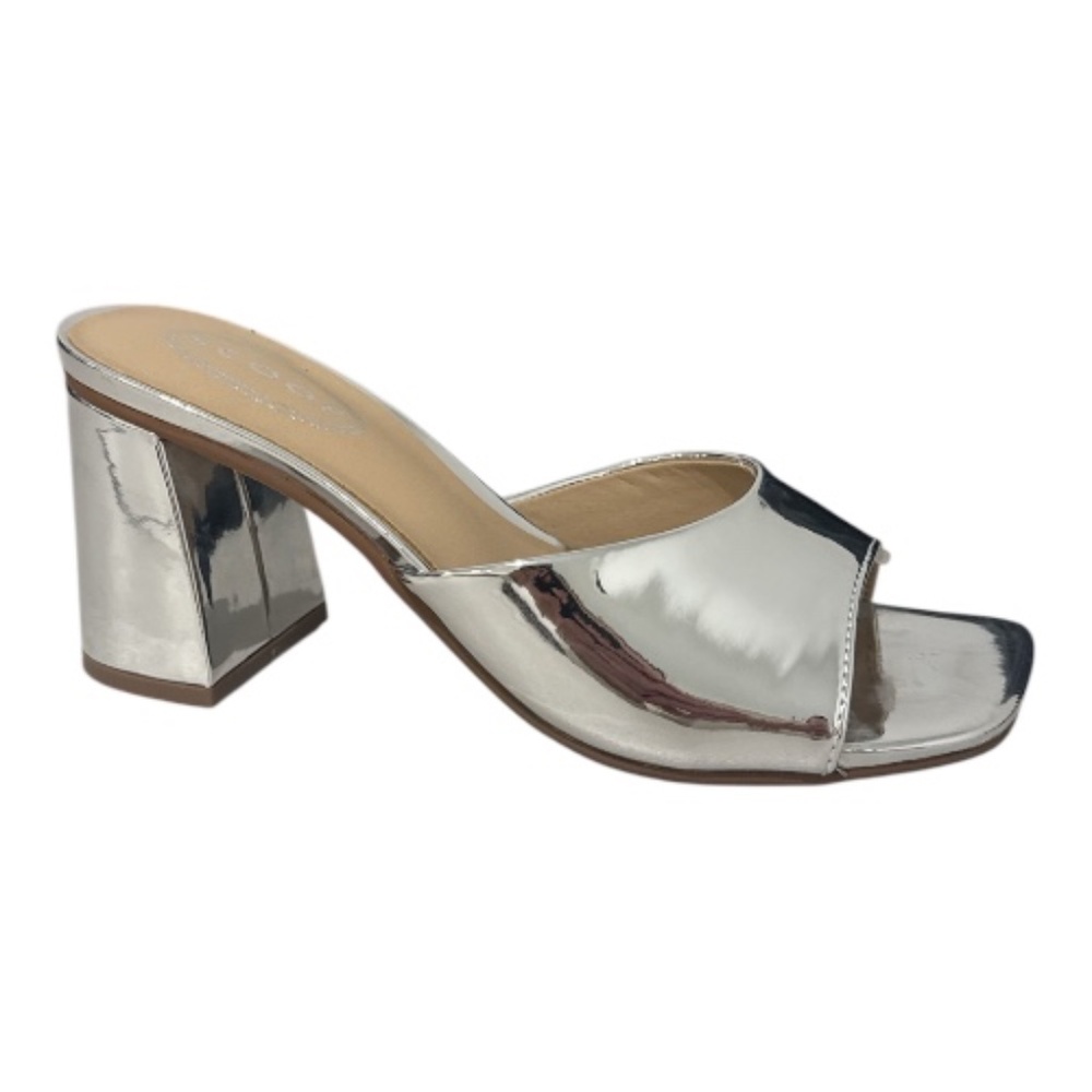 Scoop Angelica  Silver Block Heel Mule Slide Sandals Open Toe Comfy New